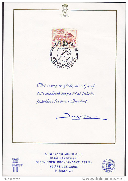 Greenland Foreningen Grøndlandske Børn 50 Jahre Memorial Sheet 1974 (Cz. Slania) Stamp - Lettres & Documents