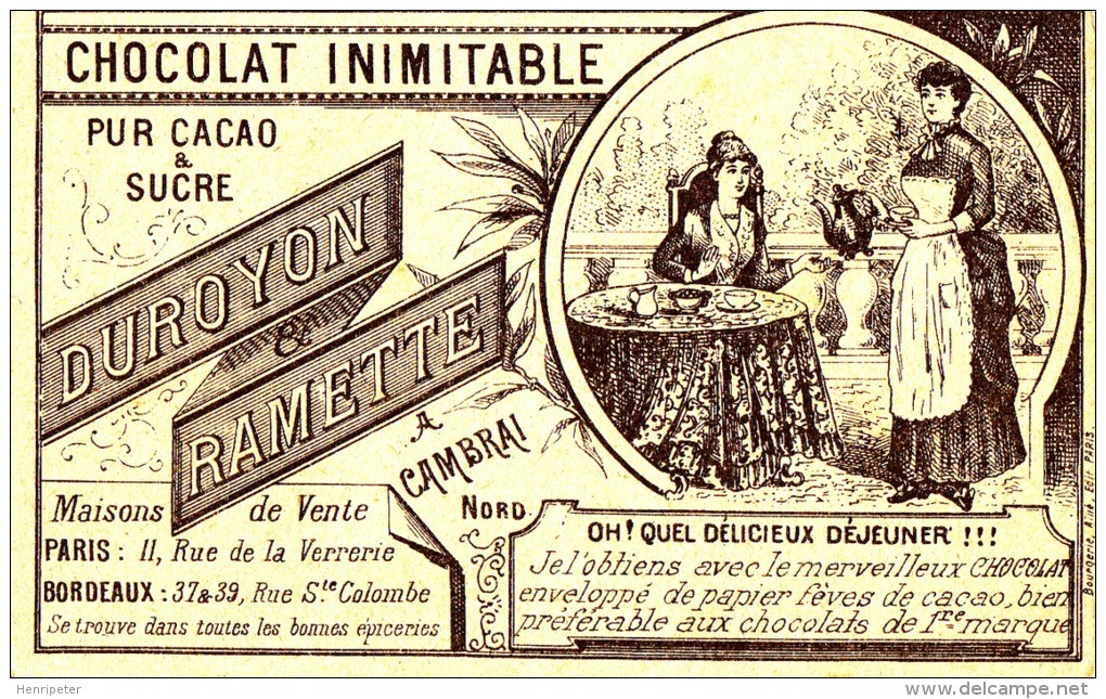 Carte Publicitaire Chocolat Inimitable - Duroyon & Ramette. Cambrai Nord - Chasseurs à Pied 30 Bataillons - Duroyon & Ramette