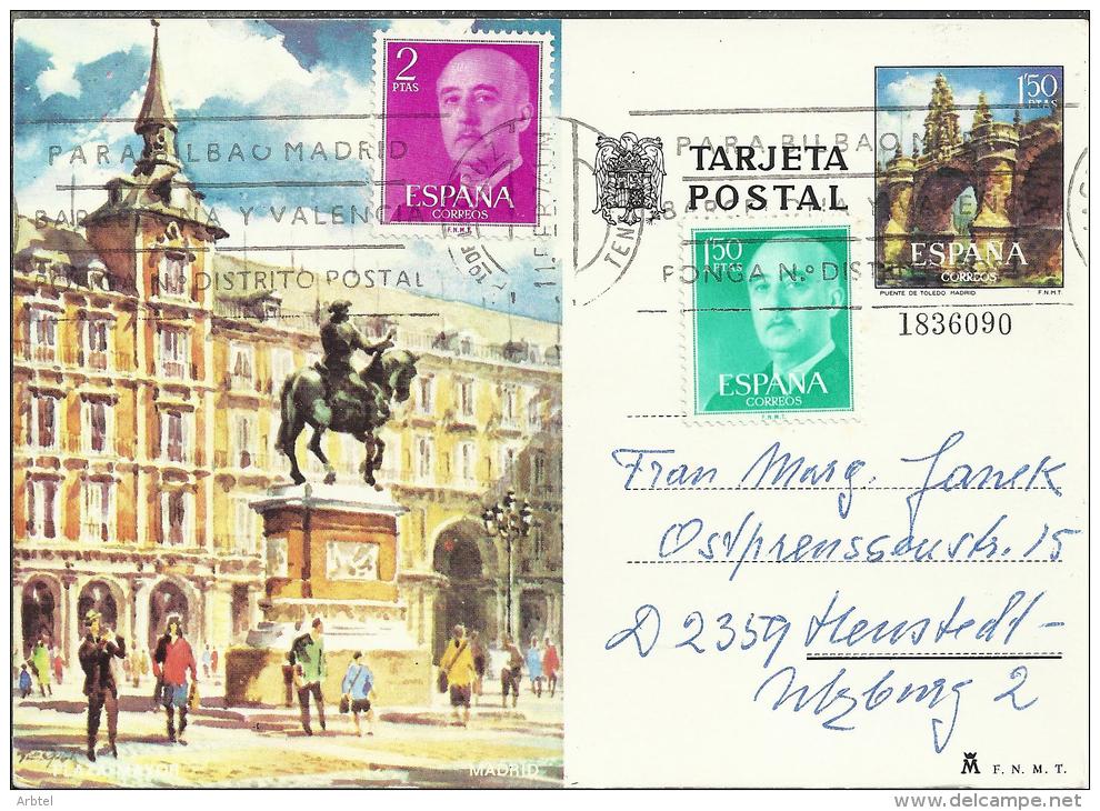 ENTERO POSTAL PLAZA MAYOR MADRID CIRCULADO MAT PUERTO DE LA CRUZ CON FRANQUEO ADICIONAL - 1931-....