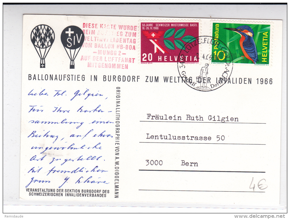 SUISSE - 1966 - CARTE POSTALE Par BALLON De BURGDORF - Briefe U. Dokumente