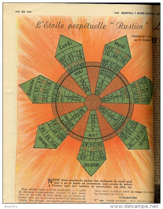 RUSTICA Supplément CALENDRIER 1952 PIGEONS CHASSE COIFFES TRADITION  JEUX OLYMPIQUES / 98 pages