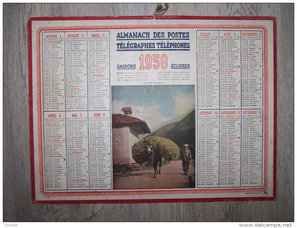 @ 1950 ALMANACH CALENDRIER DES POSTES TELEGRAPHES TELEPHONES, LOURD FARDEAU, IMPRIMERIE OLLER, ARDENNES 08 - Groot Formaat: 1941-60