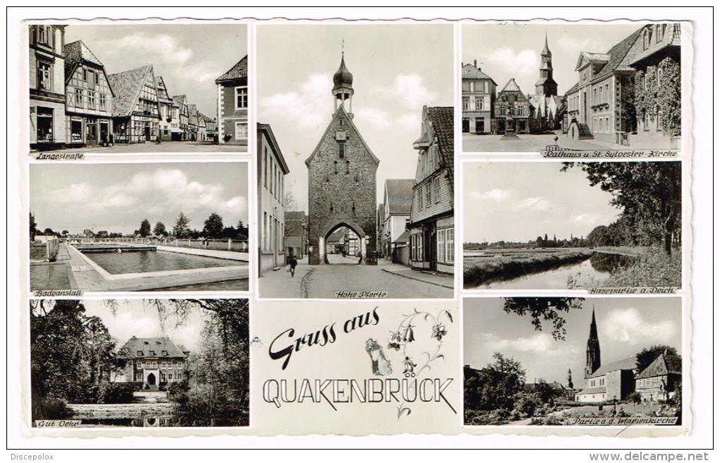 I778 Gruss Aus Quakenbruck - Langestrasse - Rathaus - Marienkirche - Badeanstatt / Viaggiata 1956 - Quakenbrück