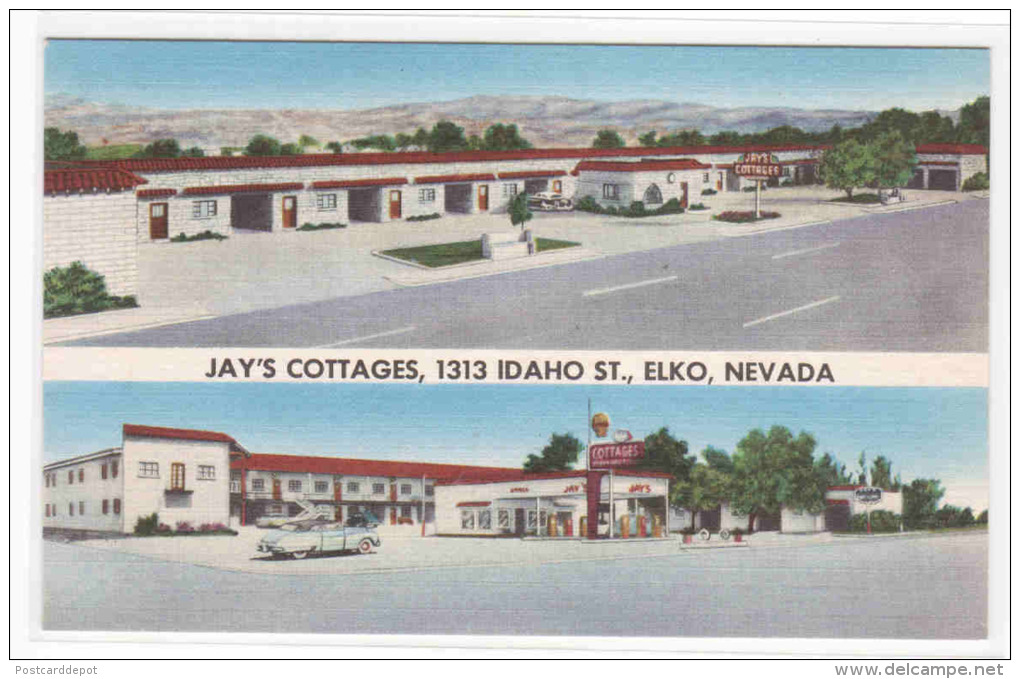 Jay's Cottages Motel Gas Station Pumps Elko Nevada Linen Postcard - Autres & Non Classés