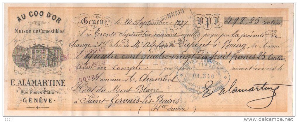 Suisse 1887 Lettre De Change Timbre Quitance 25c En Tete AU COQ D'OR Maison De Comestibles E. ALARMATINE - Suisse