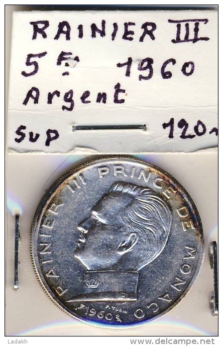 PIECE MONNAIE 5 FRANCS MONACO # 1960 # ARGENT# RAINIER III - 1960-2001 New Francs