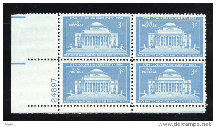 Lot Of 2, #1029 &amp; #1033 Plate # Blocks Of 4 Each US Postage Stamps, Thomas Jefferson, Columbia University - Plate Blocks & Sheetlets