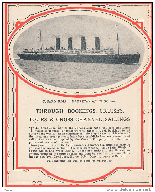 Paquebot "MAURETANIA", 20.000 Tons, Compagnie Cunard (lire Description), Through Bookings, Cruises, Tours, Sailings... - Autres & Non Classés