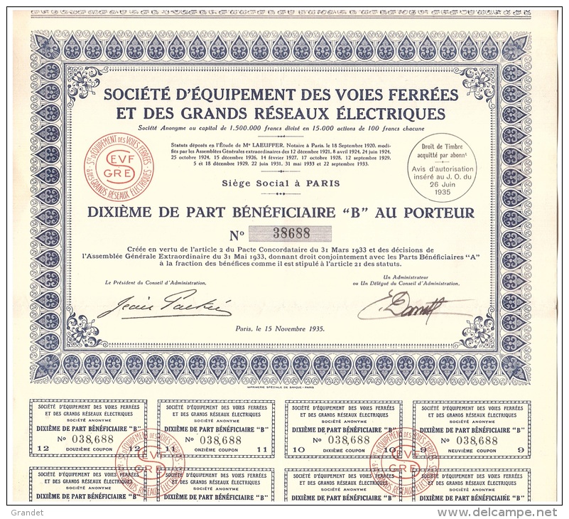 ACTION - VOIE FERREE - S.E.V.F.G.R.E. - TRAIN - PART BENEFICIAIRE - COMPLETE - 1935. - Railway & Tramway