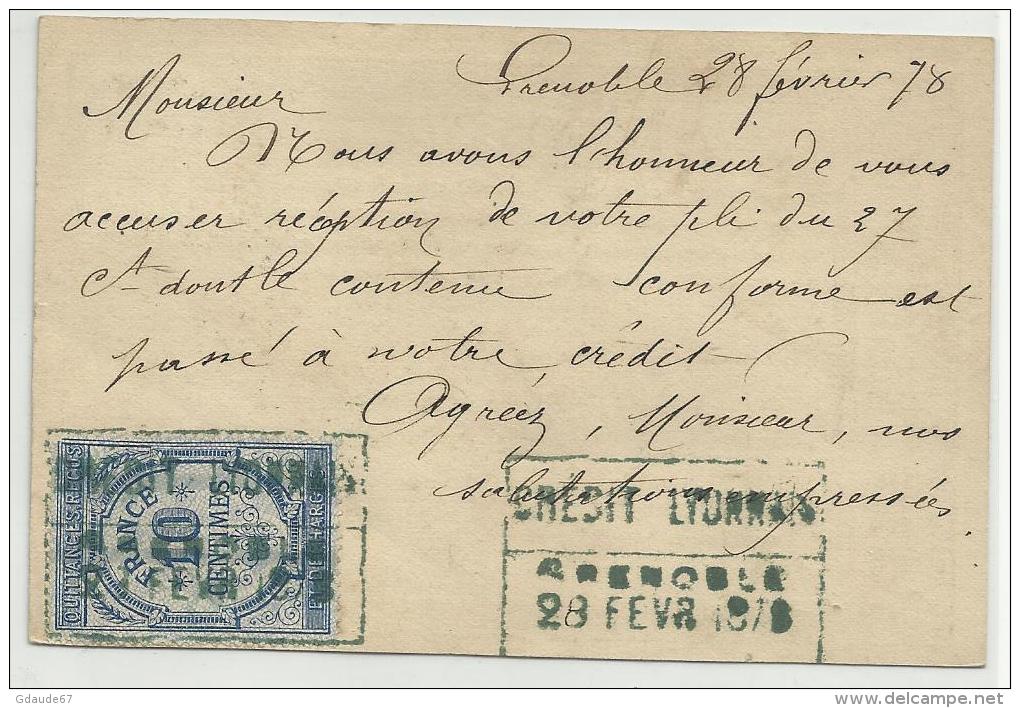 ISERE - 1878 - CARTE PRECURSEUR TYPE SAGE Avec CACHET T.17 De GRENOBLE + TIMBRE FISCAL AU DOS Pour ARVILLARD (SAVOIE) - Voorloper Kaarten