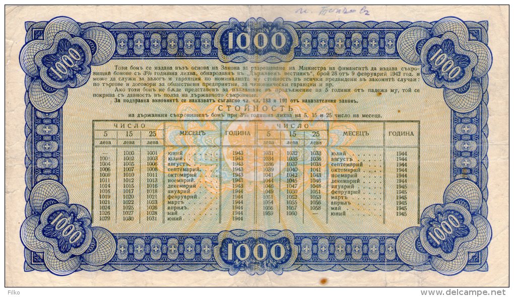 Bulgaria,1000 Leva,bond Issue 15.6.1943,P.67 I,as Scan - Bulgarije