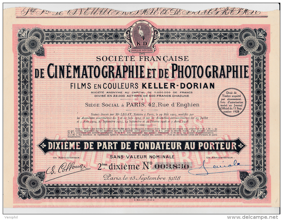 PART DE FONDATEUR- SOC. DE CINEMATOGRAPHIE ET PHOTOGRAPHIE KELLER-DORIAN -1928 - Film En Theater