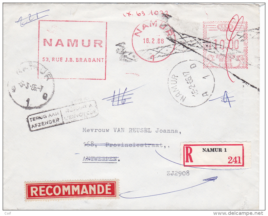 Roodfrankeering NAMUR Op Brief Aangetekend Naar ANTWERPEN, ROL-stempel + RETOUR...en Strookje HUIS GESLOTEN... - 1960-79