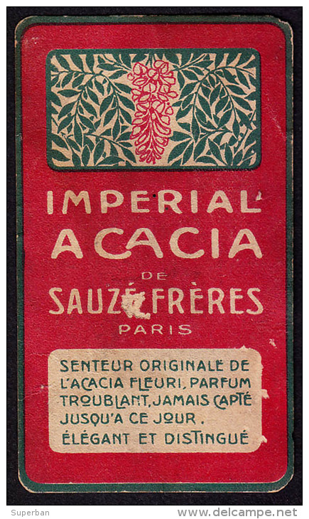 PUBLICITÉ PARFUM - CARTE PARFUMÉE : IMPERIAL ACACIA De SAUZÉ FRÈRES - PARIS - AU DOS: PUB PARFUMEUR De ROUMANIE (p-111) - Anciennes (jusque 1960)