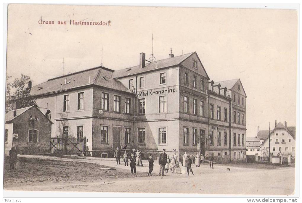 HARTMANNSDORF Bei Chemnitz Hotel Zum Kronprinz Belebt 21.4.1908 Gelaufen Steno Text - Hartmannsdorf