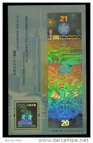 2000 Hong Kong Celebrate 21st Century Stamp S/s $20 Hologram Airport Plane Architecture Ship Boat Fireworks Port Unusual - Fouten Op Zegels