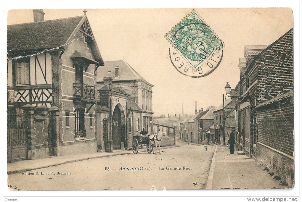 Cpa: 60 AUNEUIL (ar. Beauvais) La Grande Rue (animée, Attelage) 1907 N° 68 - Auneuil