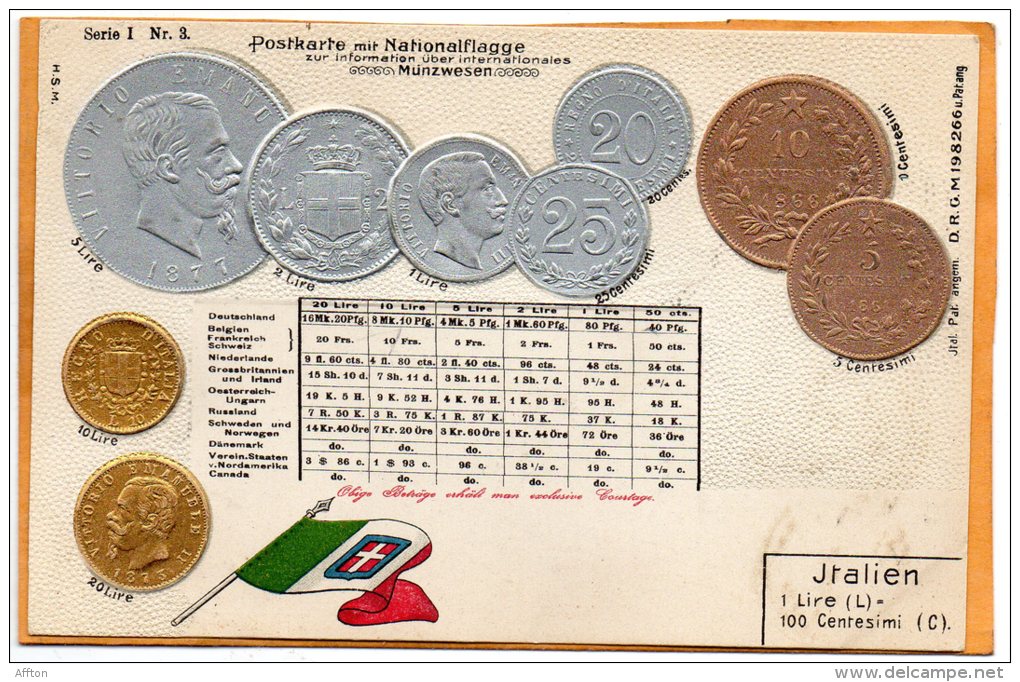 Italy Coins & Flag Patriotic 1900 Postcard - Munten (afbeeldingen)