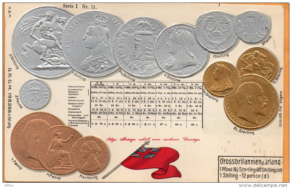 UK & Ireland Coins & Flag Patriotic 1900 Postcard - Munten (afbeeldingen)