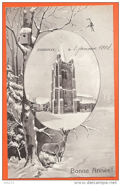 Z0554 Cossonay, Eglise Sous La Neige, Dans Une Présentation Fantaisie De Bonne Année. Cachet Cossonay 1908. - Cossonay