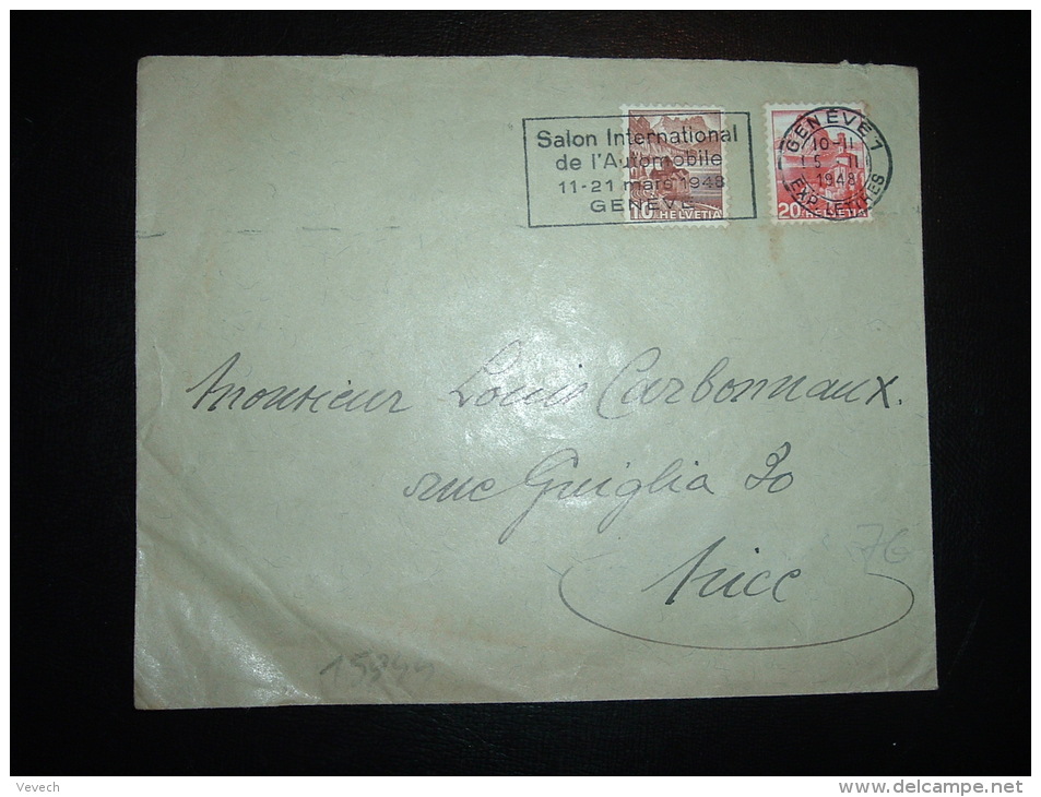 LETTRE POUR LA FRANCE TP 20 + 10 OBL.MEC. 5 II 1948 GENEVE 1 + SALON INTERNATIONAL DE L'AUTOMOBILE - Covers & Documents