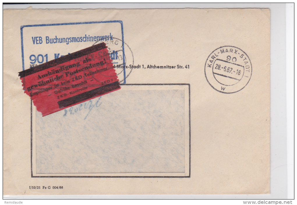 1967 - LETTRE De SERVICE (ZKD) De KARL MARX STADT Pour FREIBERG Avec CONTROLE Et TAXE Car Le DESTINATAIRE N'est Pas ZKD - Lettres & Documents