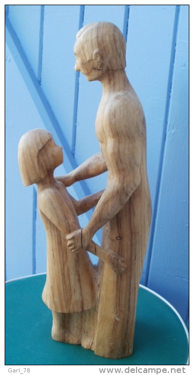 Statue, Sculpture Fait Main, Femme Et Enfant En Bois, Pièce Unique - Wood