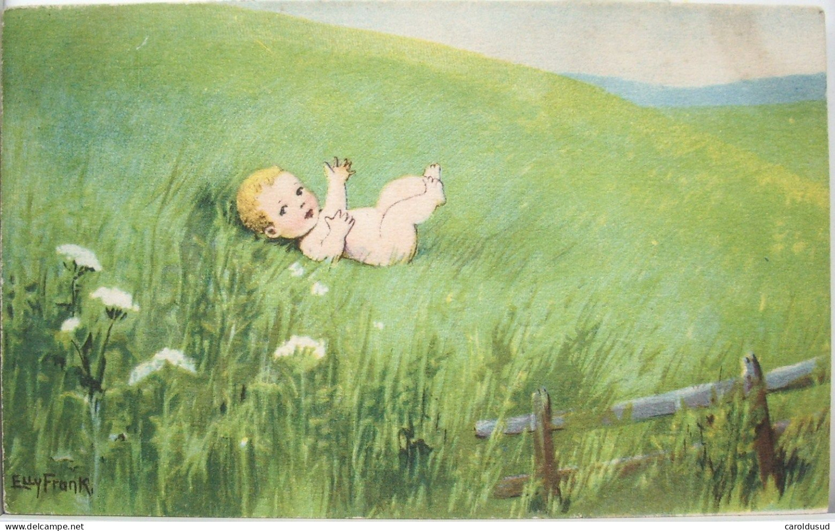 Lot 2x Cpa Litho Illustrateur Elly FRANK Bébé Nu Et Enfant Fille Donne Graine A Poule Poussin Putt Putt - Frank, Elly