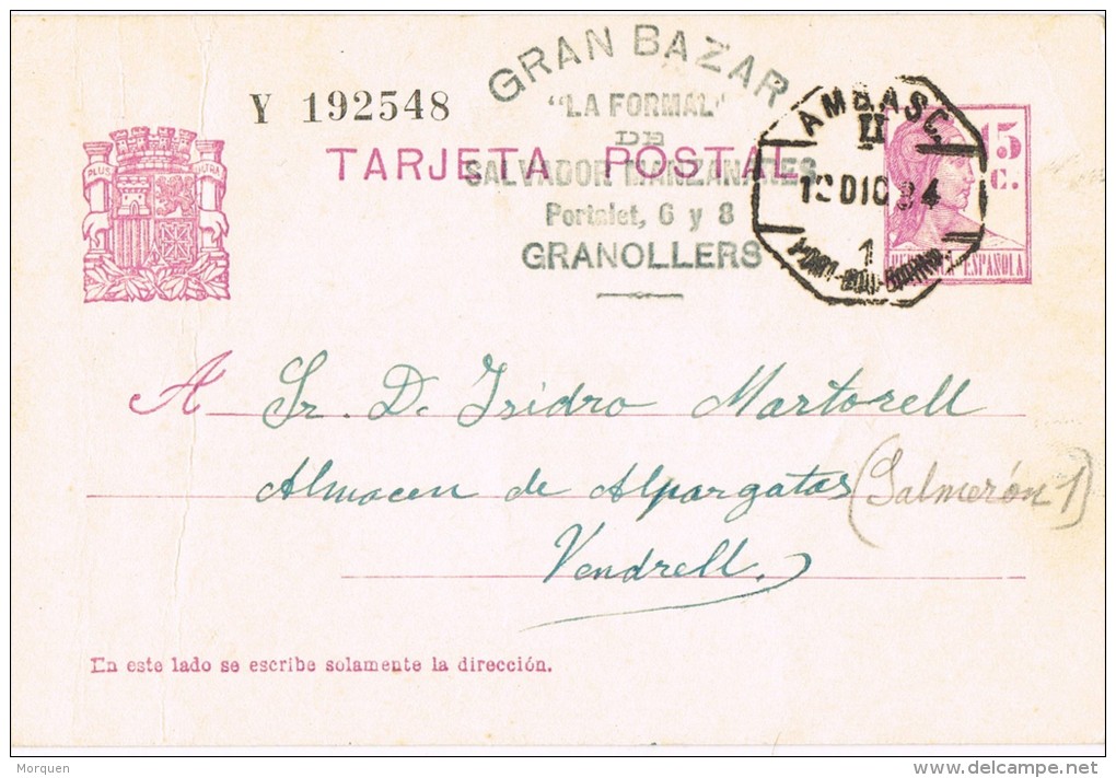 5294. Entero Postal GRANOLLERS (Barcelona) 1934. Ambulante - 1931-....