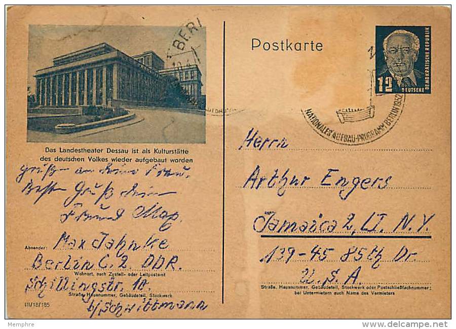 Postkarte  Nach USA  MiNr P47-06  Dessau - Landestheater - Postales - Usados