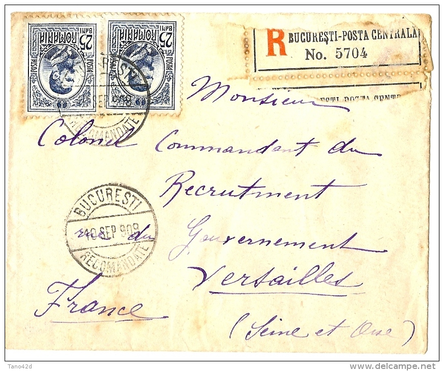 LBL20/5- ROUMANIE - PETITE LETTRE RECOMMANDEE A DESTINATION DE VERSAILLES SEPTEMBRE 1909 - Poststempel (Marcophilie)