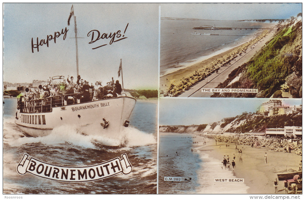 CP  BOURNEMOUTH ENGLAND HAPPY DAYS  BOUNEMOUTH BELLE BAY AND WEST BEACH - Bournemouth (avant 1972)