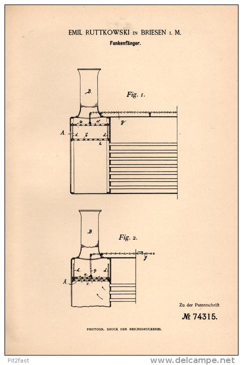 Original Patentschrift - E. Ruttkowski In Briesen / Mark ,1891, Lokomotive - Funkenfänger , Lok , Eisenbahn , Locomotive - Briesen