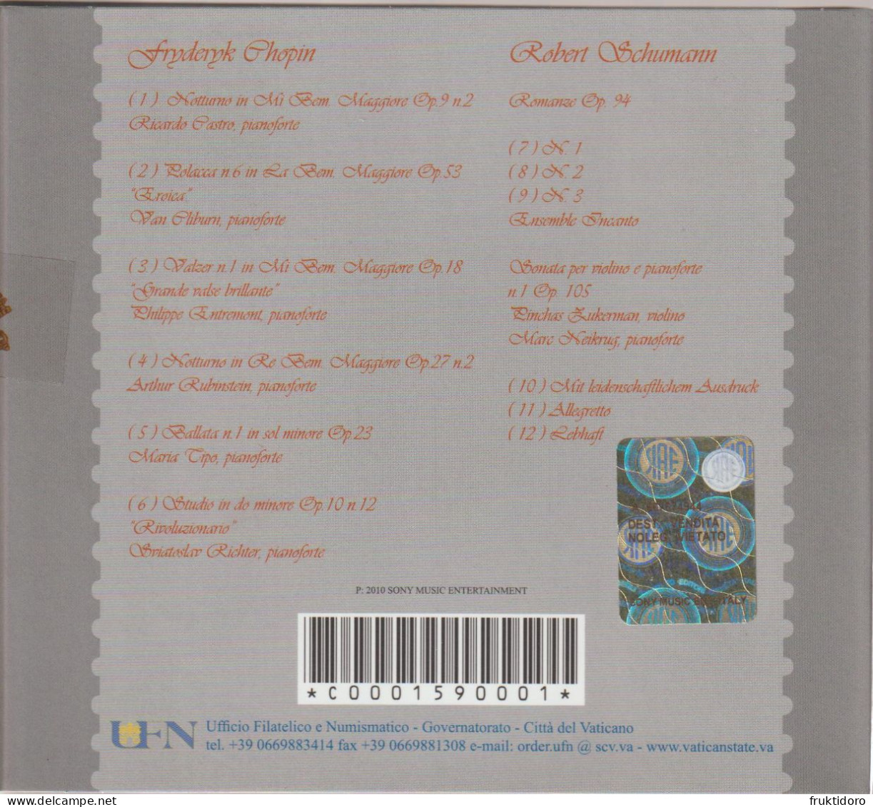 Vatican City Die Emissionis Nr 2 - Mi 1677-1678 Bicentenary Of The Birth Of Fryderyk Chopin And Robert Schumann - Briefe U. Dokumente