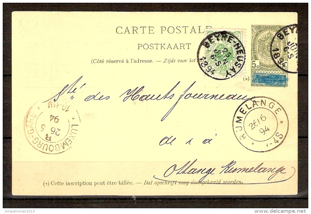 Postkaart Met Nr. 45 Verstuurd Uit BEYNE-HEUSAY Naar RUMELANGE (LUXEMBURG) Dd. 25/6/1894 ! LUXE ! - 1869-1888 Lion Couché