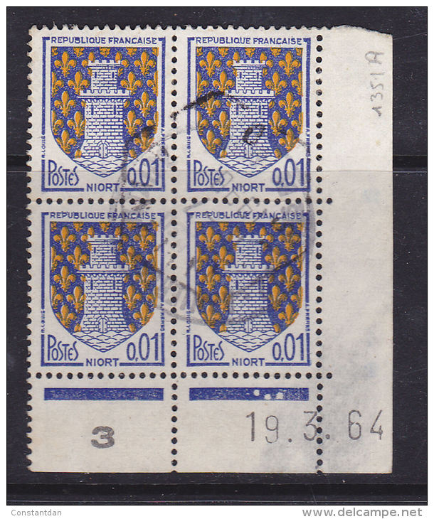 FRANCE N° 1351A 1C BLEU ET JAUNE BLASON DE NIORT COIN D ATE DU 19.3.1964 OBL - 1960-1969