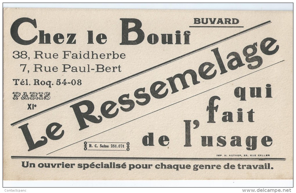 Le Ressemelage  "   CHez  Le  BOUIF   " 38 Rue Faidherbe  - 7 Rue Paul  Bert  Paris ( 11e )  -   Ft  =  22 Cm  X 12.5 Cm - Schoenen
