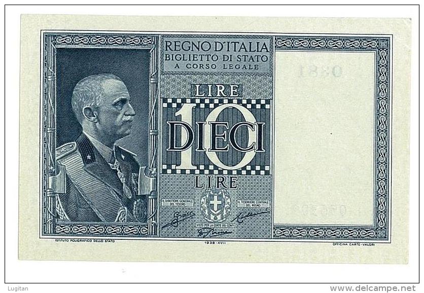 Cartamoneta - 10 Lire -  Italia Regno Decr 1938 XVII  BS 84 FIOR DI STAMPA FDS Rif. Cat Alfa 2014 - SERIE 0381 - #056309 - Regno D'Italia – 10 Lire