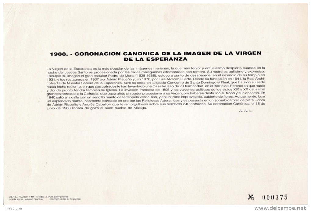 01297 Hoja Conmemorativa Virgen De La Esperanza Primer Día De Circulación Málaga 1988 - Feuillets Souvenir