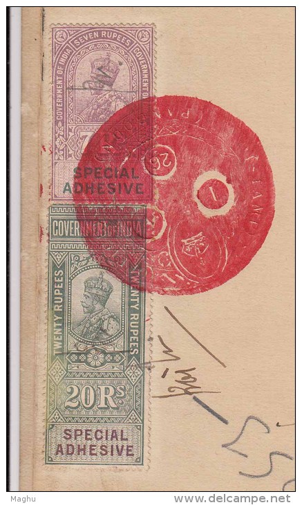 British India Used In Burma / Rangoon Seal On 20R S+ 7Rs  Self Adhehesive, Document  King George V, Fiscal / Revenue - 1911-35 King George V