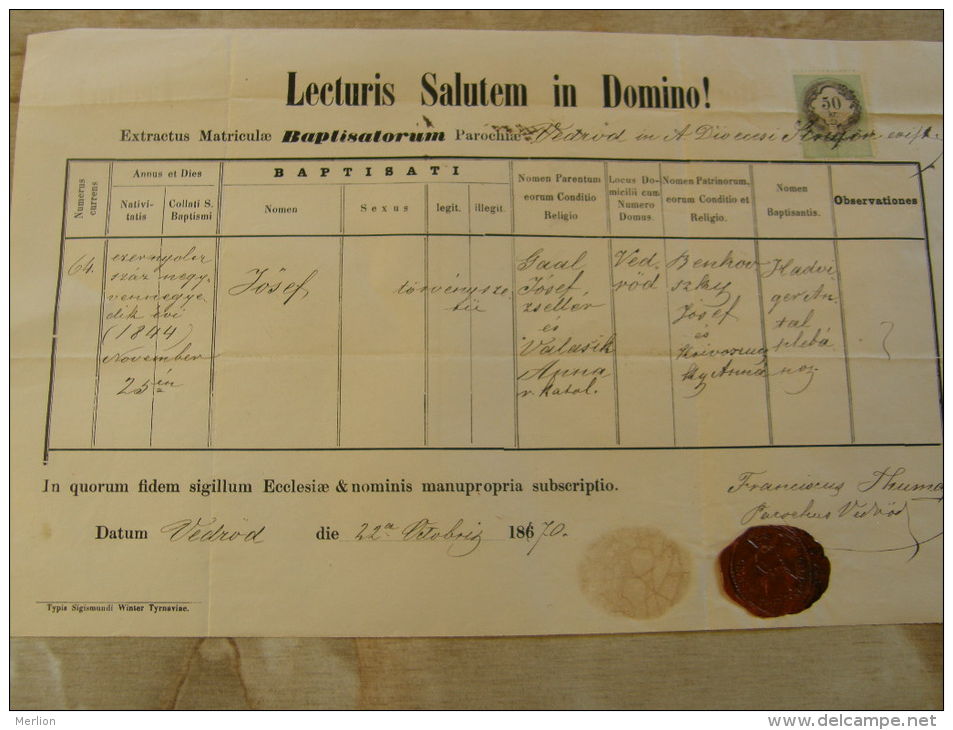 Slovakia  - 1870 VedrÅ‘d -Voderady - Josef Gaal - Anna Valesik  - -Franciscus Thuma TM023.5 - Naissance & Baptême