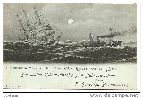 BREMEN: Fischdampfer Ein Wrack, Gruss Von Des See, Carte De Voeux De F. Schottke - Bremerhaven