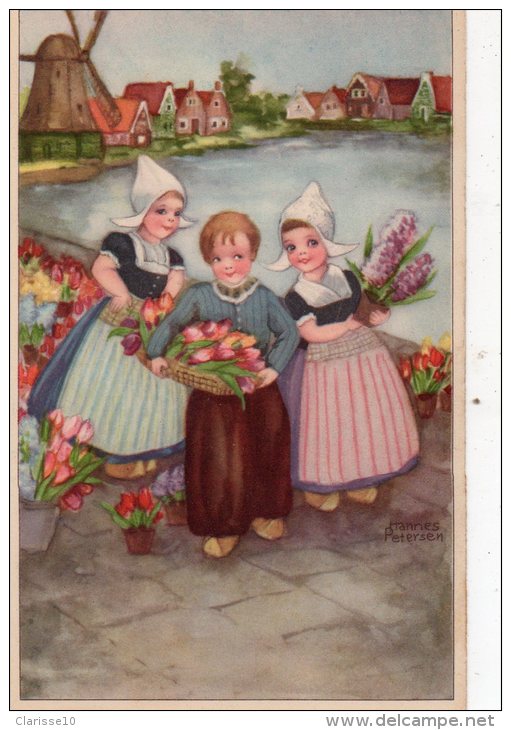 Carte Fantaisie Petersen Hannes Enfants Avec Leurs Fleurs Tulipes - Petersen, Hannes