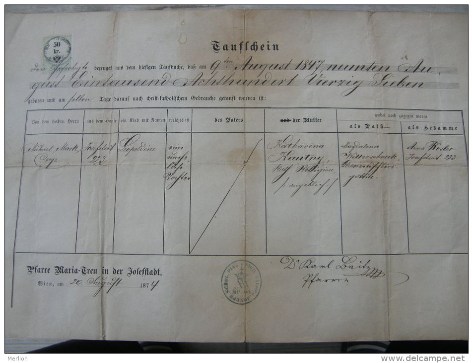 Old Paper -Austria Wien -Josefstadt - Leopoldine - Katharina KAUTNY  1874     DC9.4 - Birth & Baptism