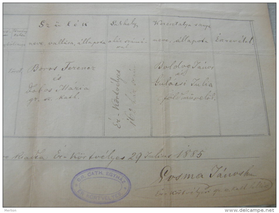 Old Birth Document - Hungary- Romania Érkörtvélyes   CurtuiÈ™eni -Bihar - Érmihályfalva - Julia -Boros Ferenc  1885 DC9. - Nascita & Battesimo