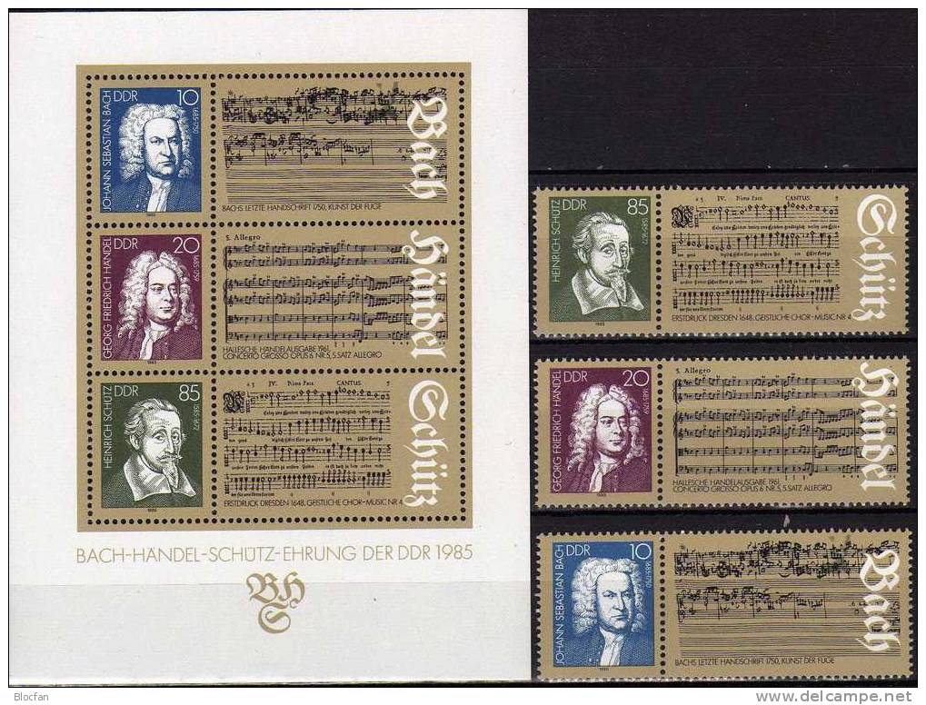 Musiker Bach Händel Schütz 1985 DDR 2931/3 4xZD+Block 81 ** 7€ Kunst Concerto Grosso Chor-Musik #4 Music Bloc Bf Germany - Singers