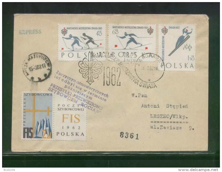 POLAND 1962 BOCIAN DELAYED GLIDER FLIGHT COVER 2 CINDERELLA LABEL 2 PURPLE DELAY CACHET FIS SKIING FDC SET CINDERELLA - Gliders