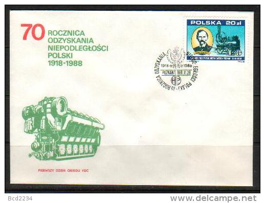 POLAND FDC 1988 70TH ANNIV OF GAINING INDEPENDENCE AFTER WW1 1918-1988 SERIES 5 Steel Works Locomotive Trains Railways - WO1