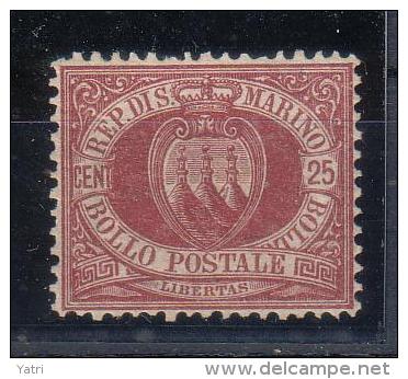 Rep. Di San Marino - 1877 - 25 Cent. Sass. 5 ** (ottima Centratura) - Siglato Luigi Gazzi - Unused Stamps