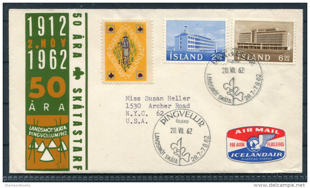 1962 Iceland Scout Vignette Airmail Cover To USA - Lettres & Documents